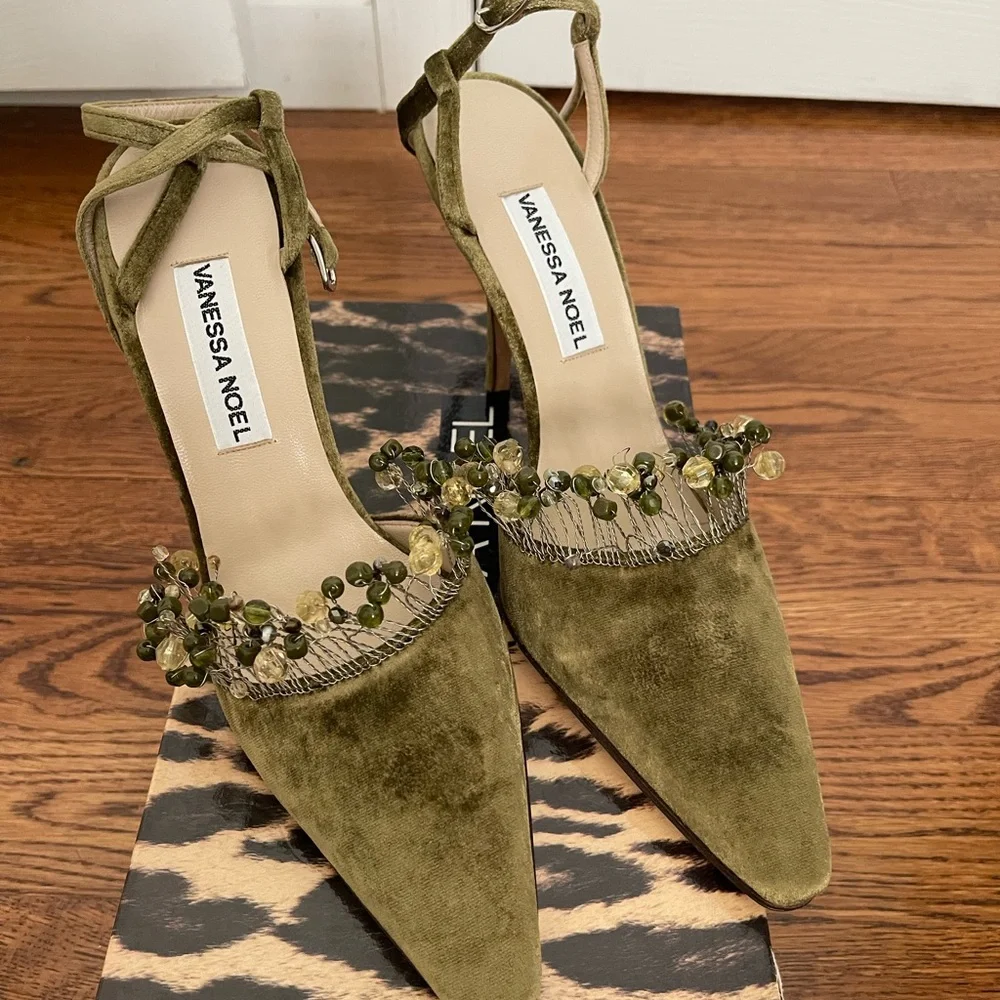 Vanessa Noel Green Crystal Embellished Slingback Heels - Picture 2 of 10